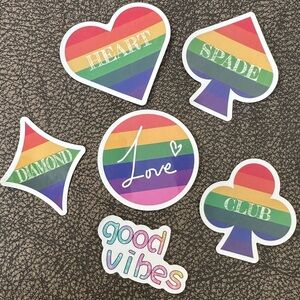 NEW NWOT Set of 6 rainbow stickers - card deck suits and good vibes